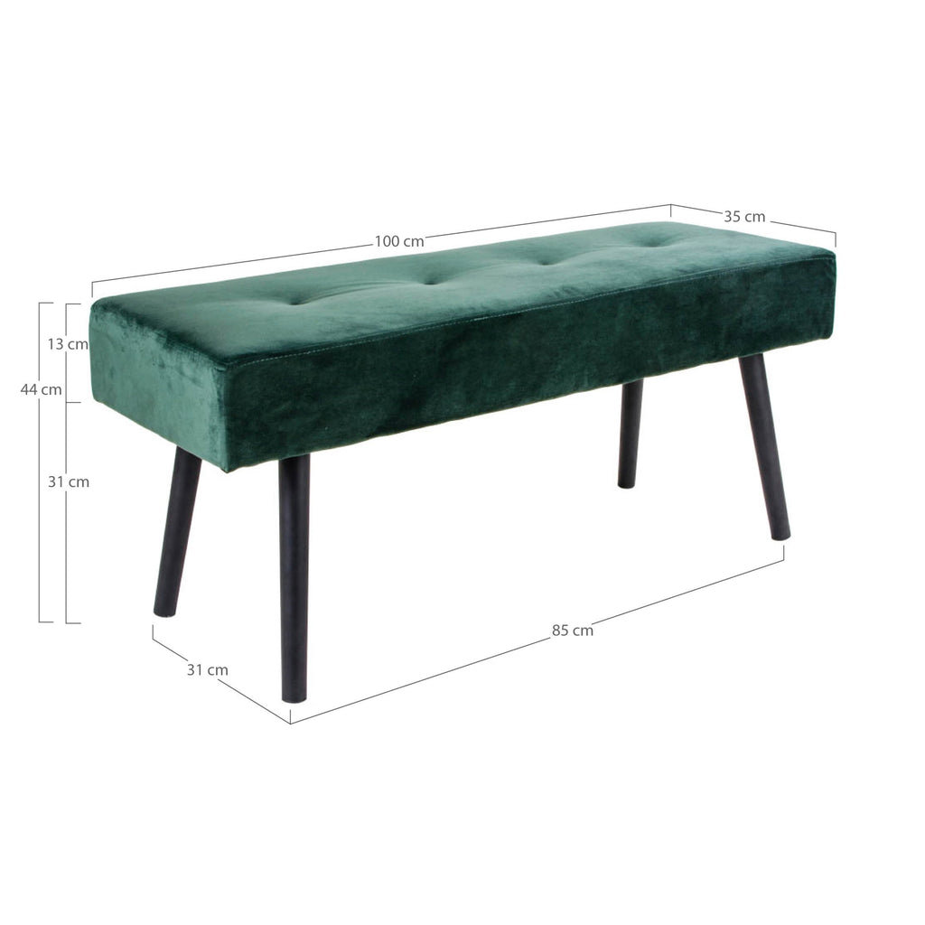 Skiby Bankje - Fluweel, donkergroen, zwarte poten 100x35x44 cm, HN1206