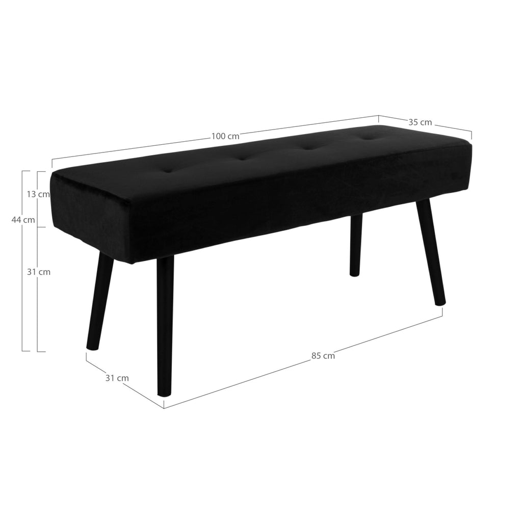 Skiby Bankje - Fluweel, zwart, zwarte poten 100x35x44 cm, HN1207