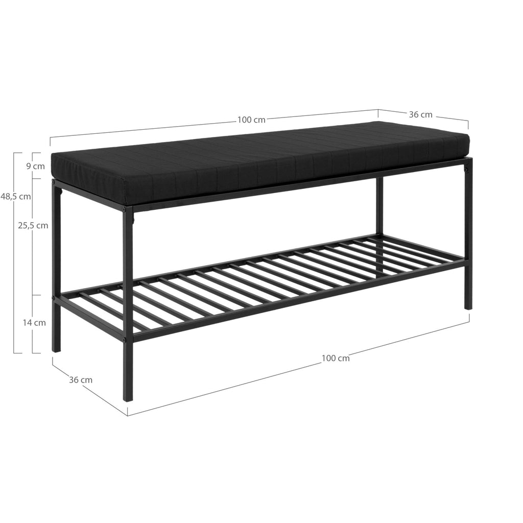 Vita Bankje - Bankje met zitkussen en opbergplank, zwart met zwarte poten 100x36x48,5 cm