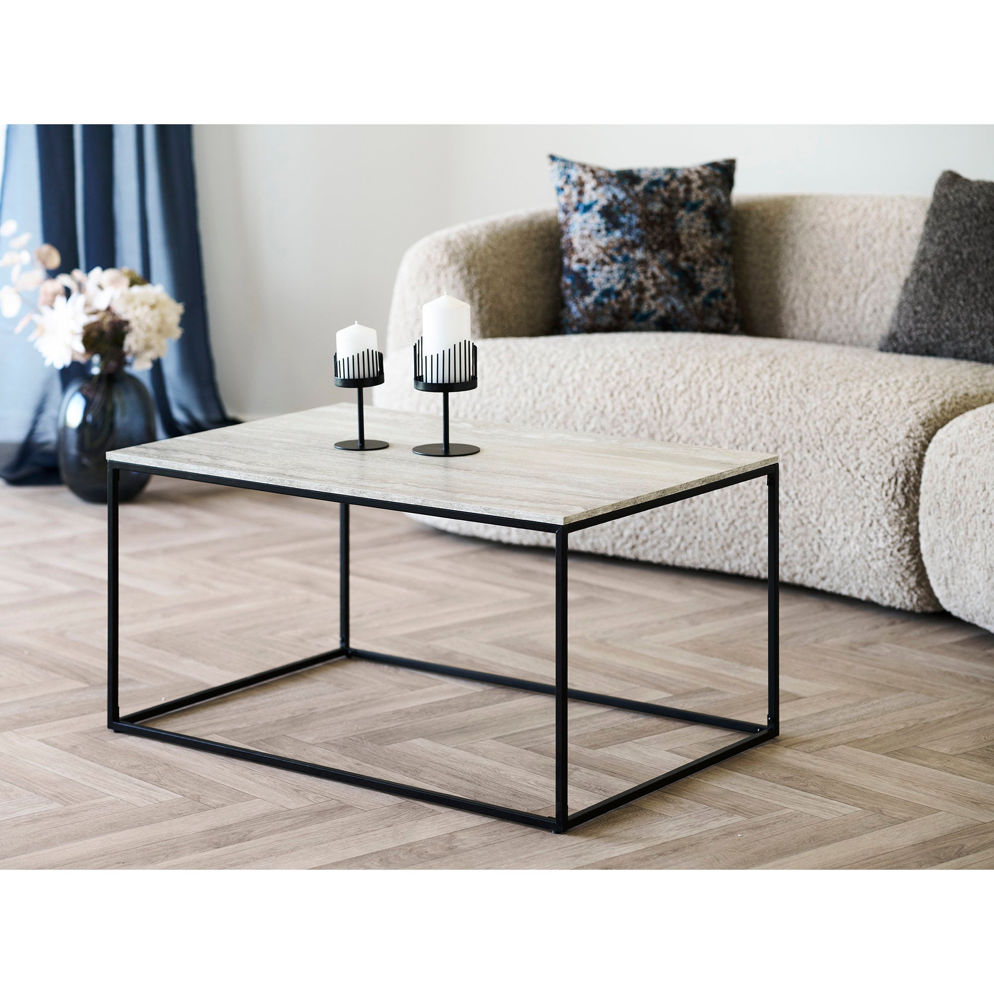 Vita Salontafel - Travertinlook, zwart frame 90x60x45 cm