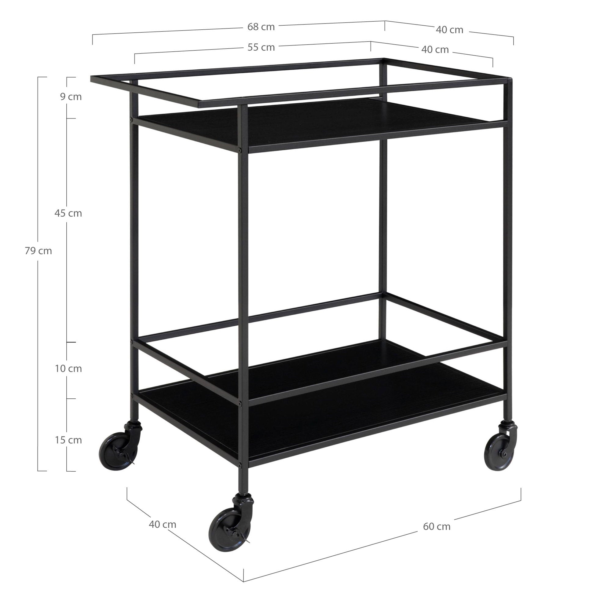 Vita Bartrolley - Met 2 planken, zwart, zwart frame 68x40x79 cm