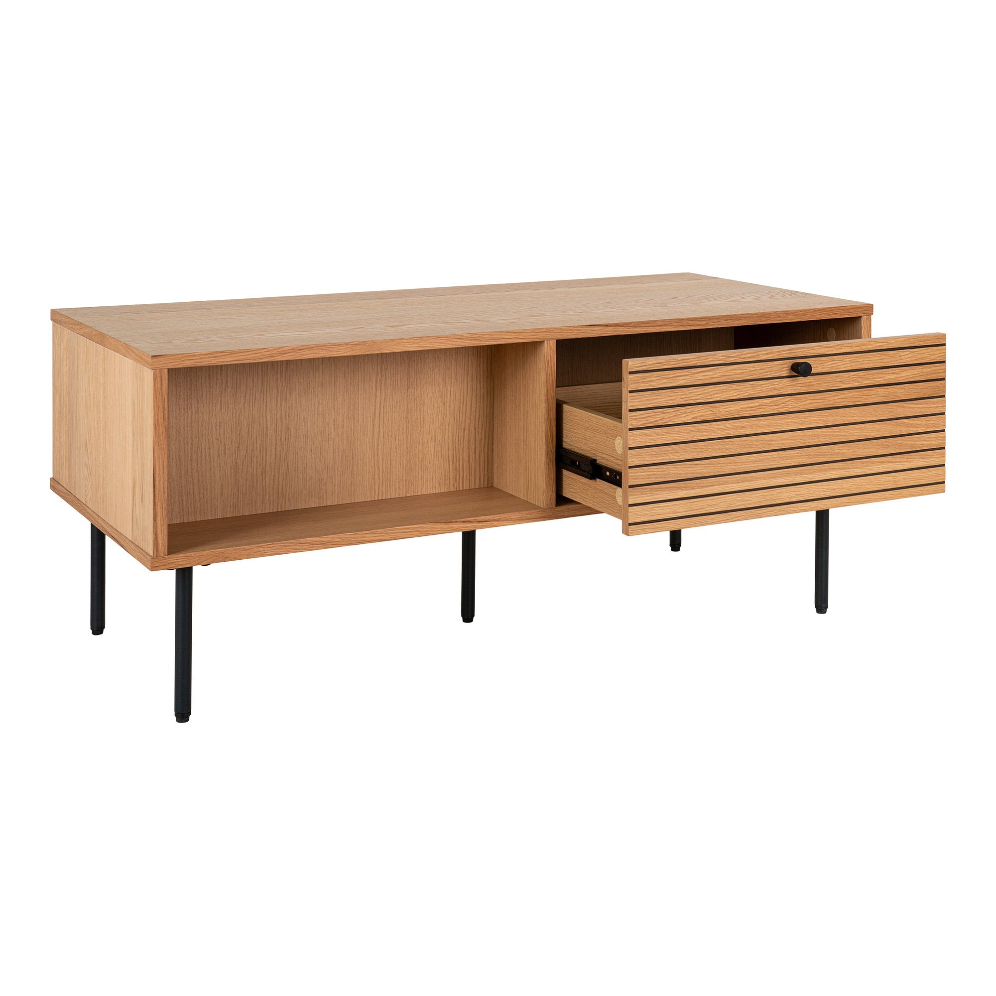Kyoto Salontafel - Met 2 lades, eikenfineer, naturel, zwarte metalen poten 50x100x45 cm