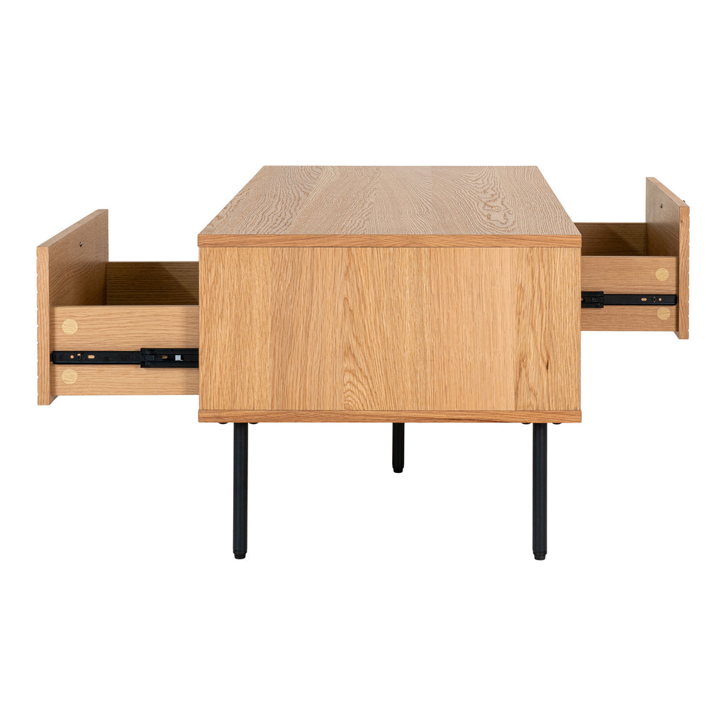 Kyoto Salontafel - Met 2 lades, eikenfineer, naturel, zwarte metalen poten 50x100x45 cm