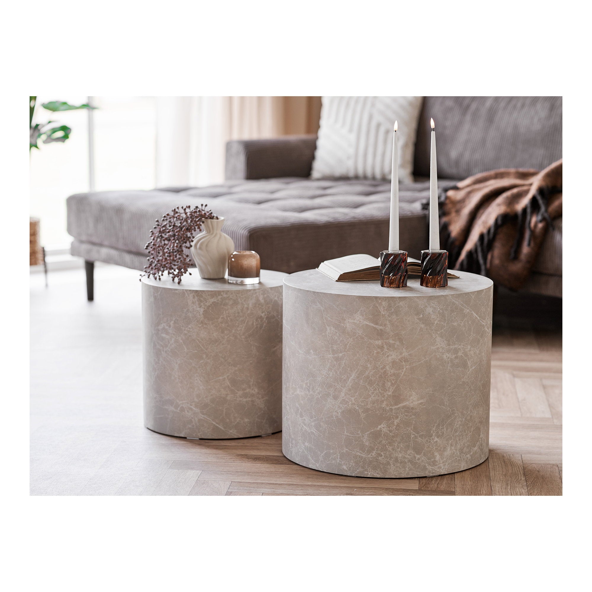 Prague Salontafel - Marmerlook, rond, beige (set van 2)