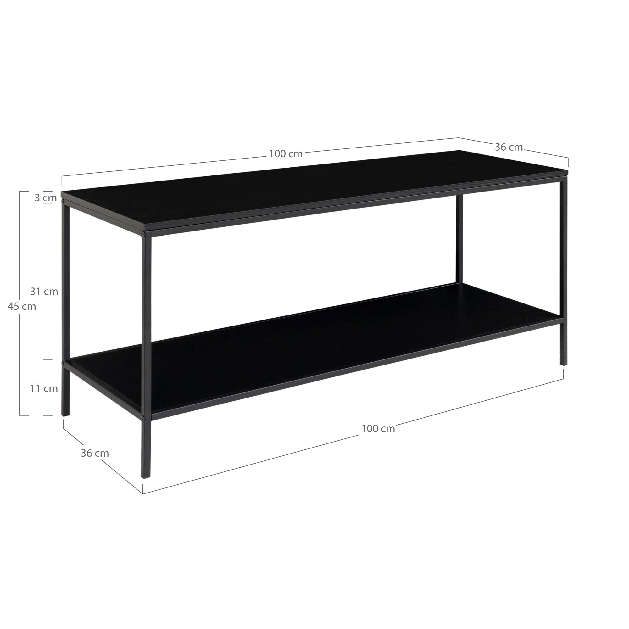 Vita TV-meubel - Met 2 planken, zwart, zwart frame 100x36x45 cm