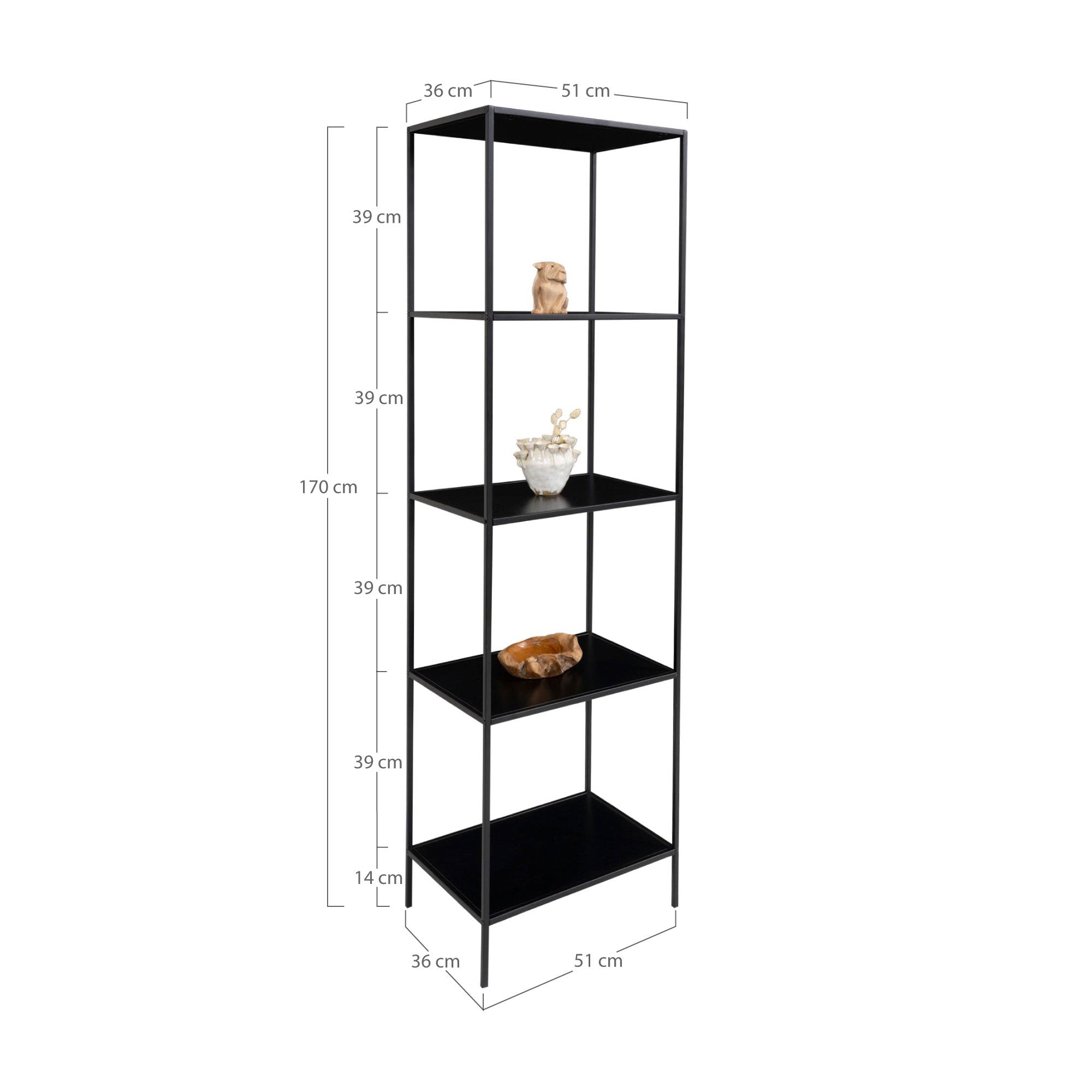 Vita Stellingkast - Met 5 planken, zwart, zwart frame 51x36x170 cm