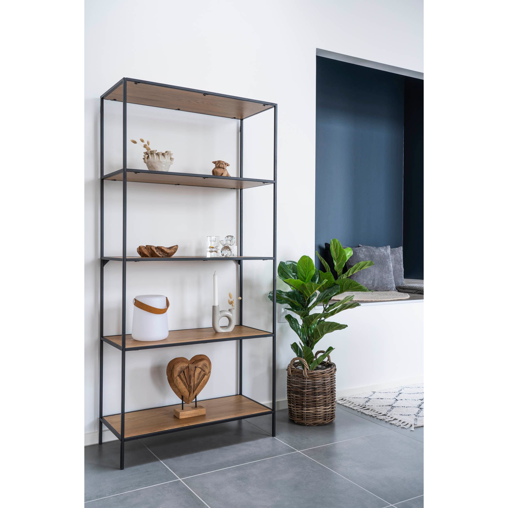 Vita Stellingkast - Zwart frame met 5 eikenlook planken 80x36x170 cm
