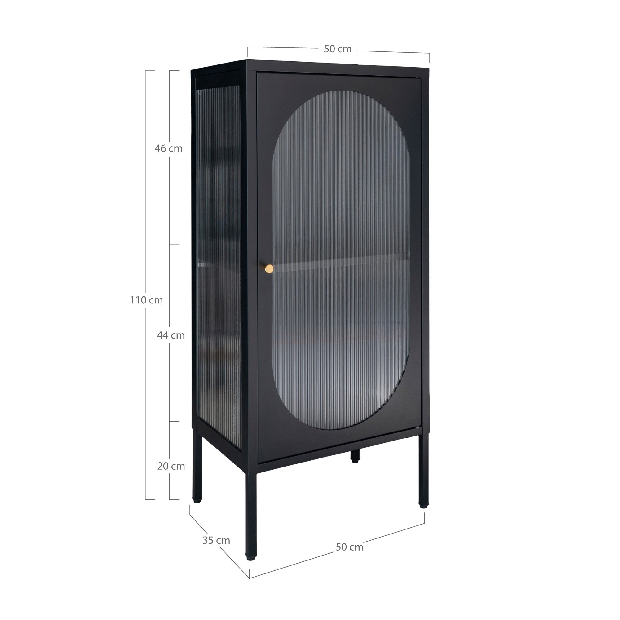 Adelaide Vitrinekast - Vitrinekast met 1 geribbeld glazen deur, staal, zwart 50x35x110 cm