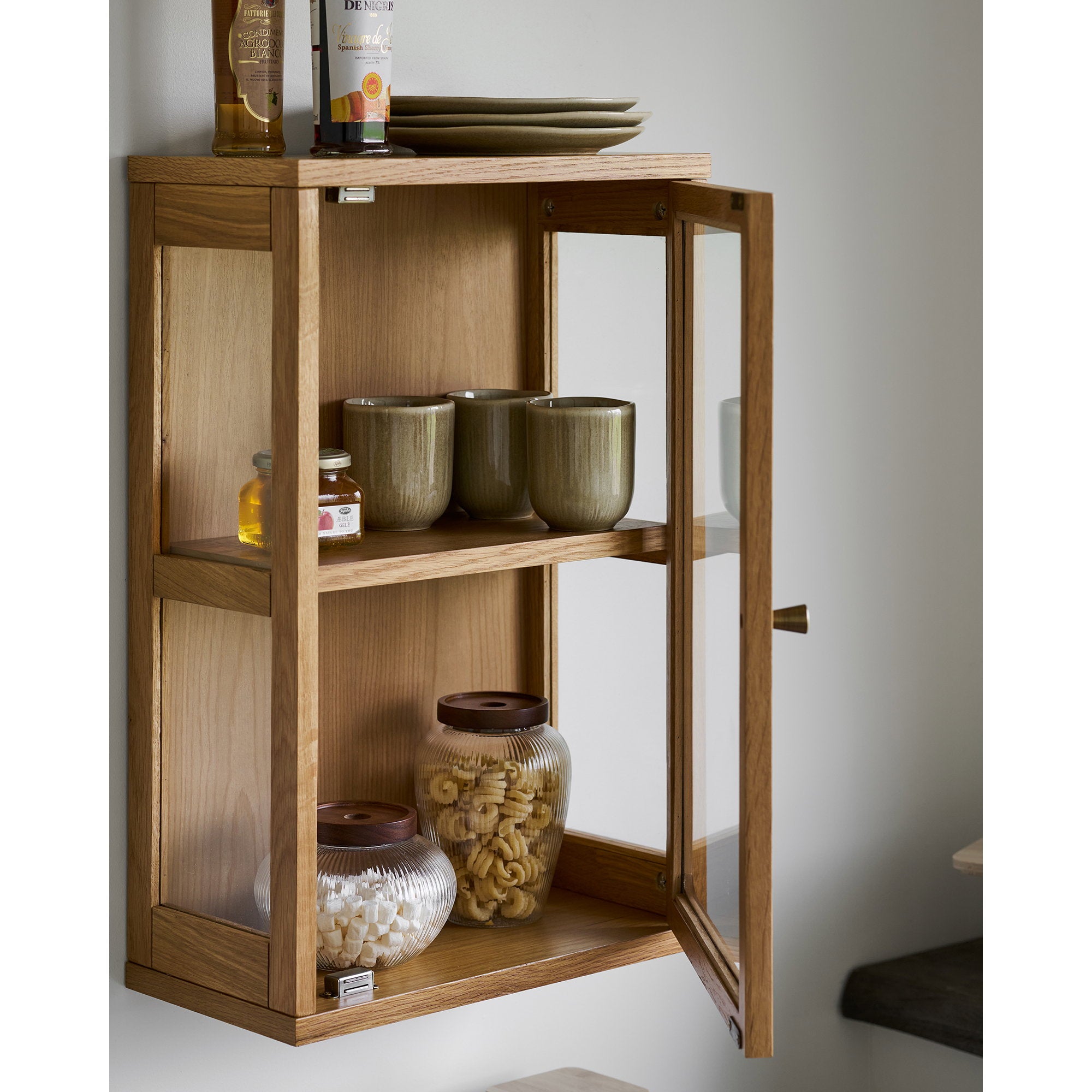 Zamora Wandkast - Hangende wandkast, eikenhout/eikenfineer/gehard glas, naturel 20x40x60 cm