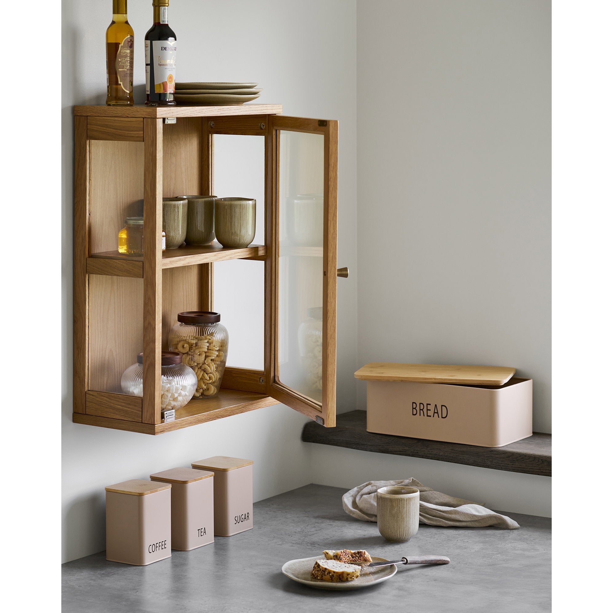Zamora Wandkast - Hangende wandkast, eikenhout/eikenfineer/gehard glas, naturel 20x40x60 cm