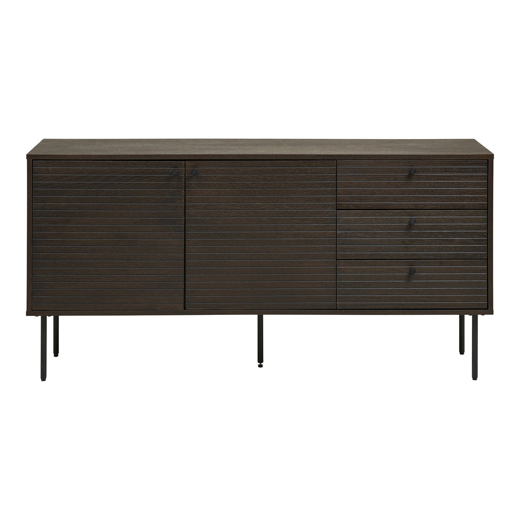 Kyoto Dressoir - 3 lades, 2 deuren, eikenfineer, gerookt, zwarte metalen poten 150x40x74 cm