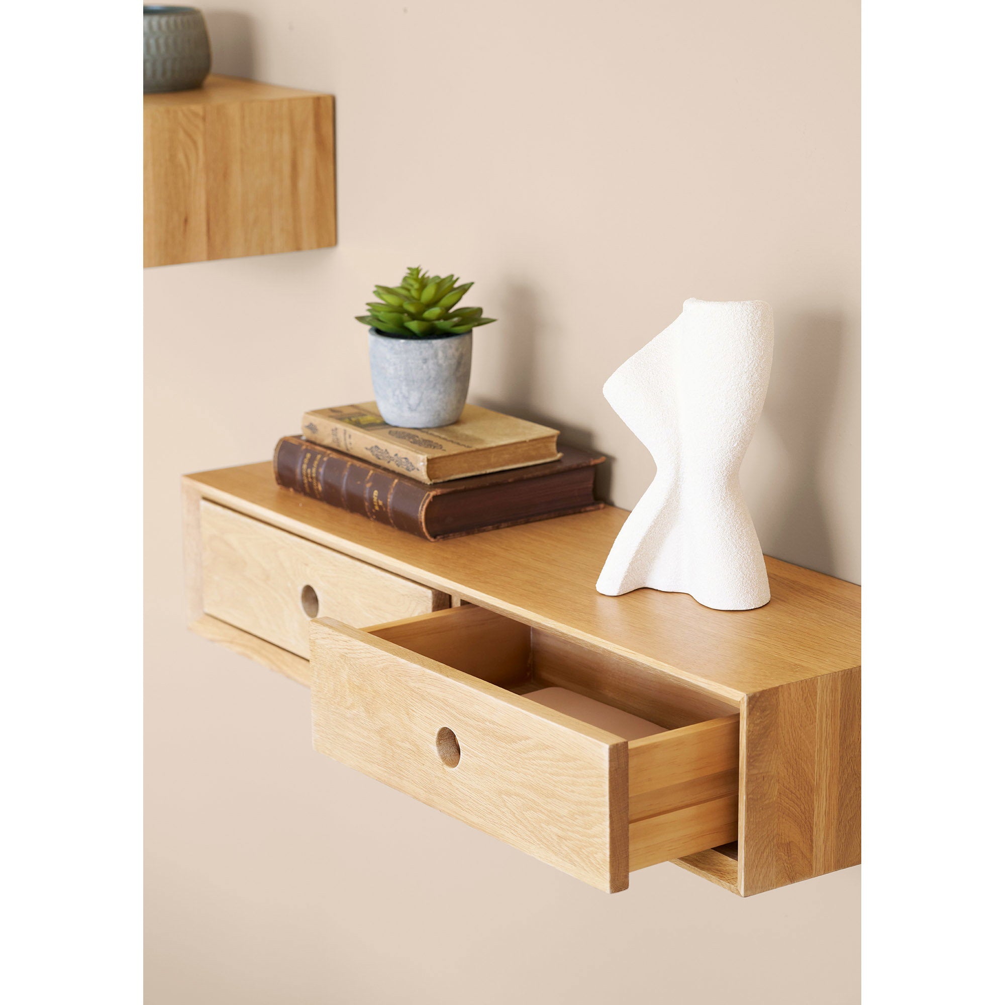 Luzern Wandkastje - Wandkastje, 2 lades, gelakt eikenhout, 80x25x15 cm