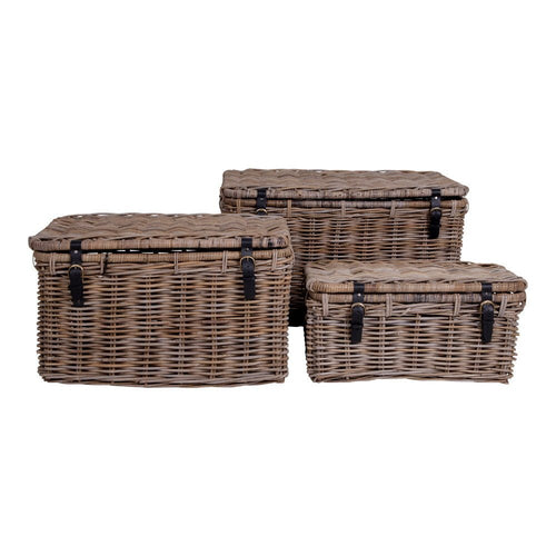 Depok Opbergkisten - Kubu rotan, leren handgreep, grijs (set van 3) - Noël Home