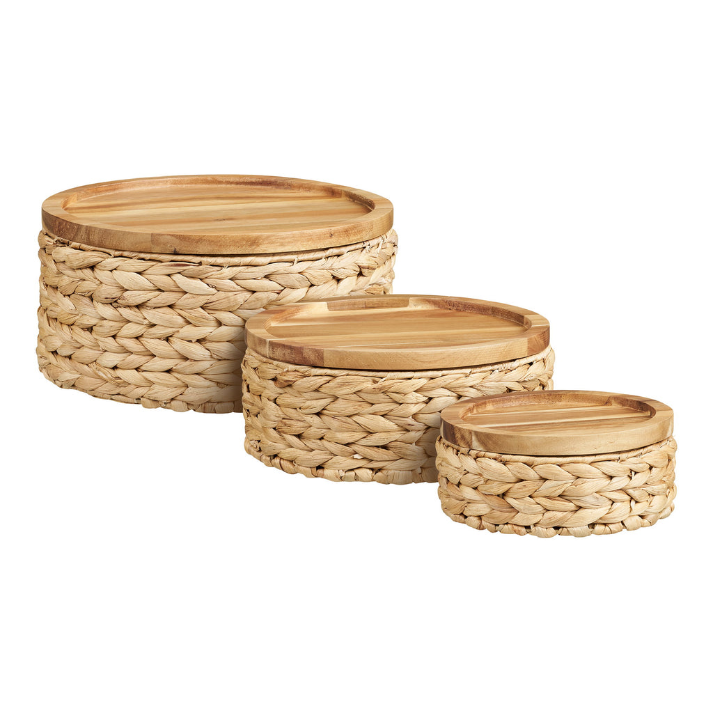 Botofte Manden - Manden met houten deksel, waterhyacint, naturel, set van 3