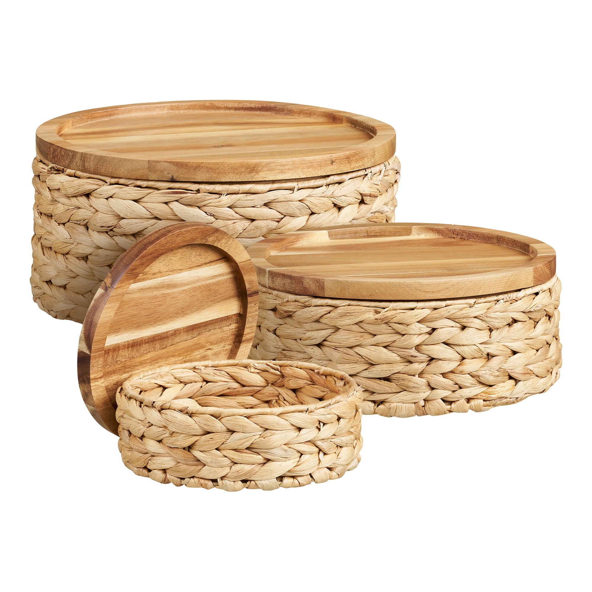 Botofte Manden - Manden met houten deksel, waterhyacint, naturel, set van 3