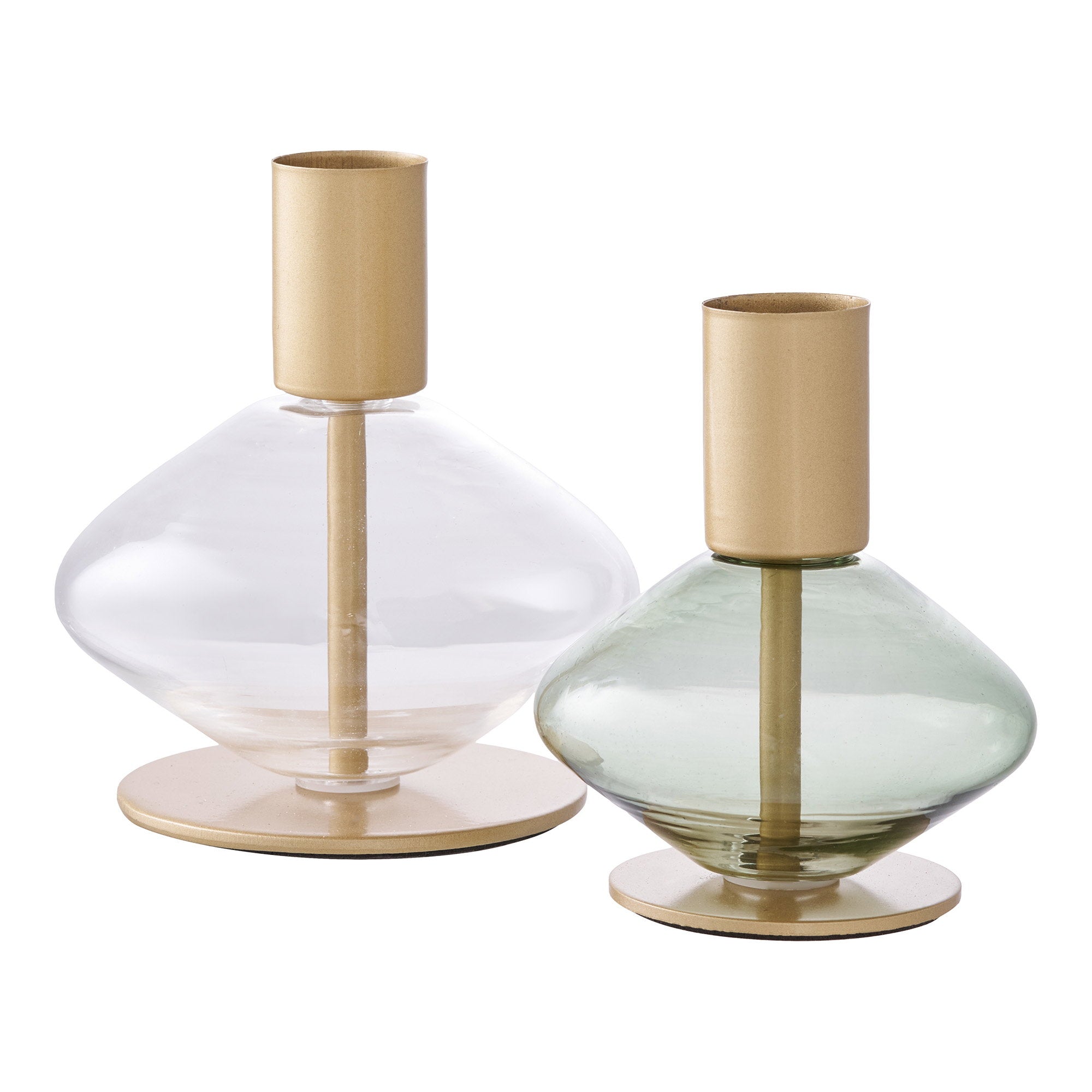 Kandelaar - Glas/metaal, transparant/groen (set van 2)