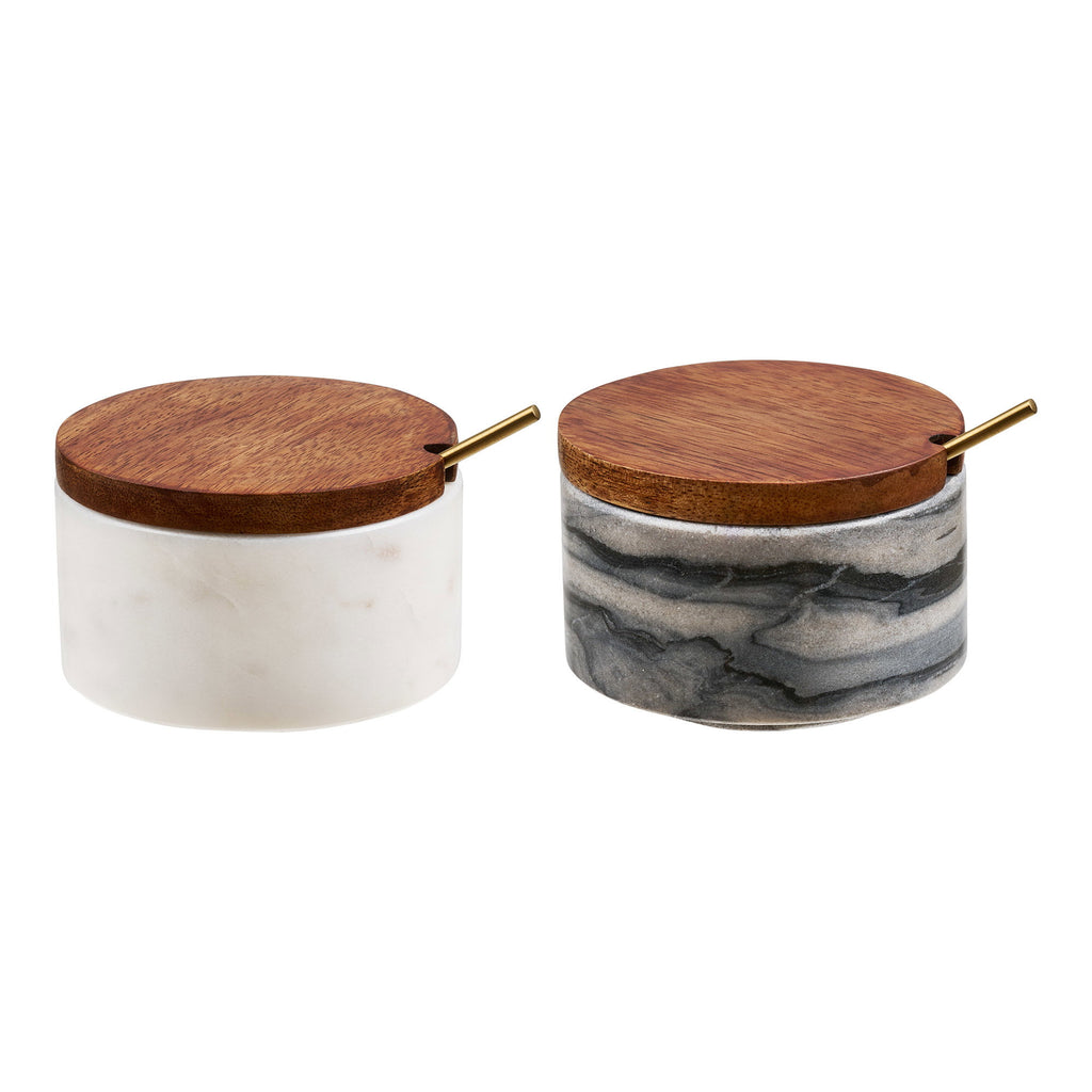 Pauri Voorraadpot met lepel - Voorraadpot met lepel, marmer, grijs/wit/messing, set van 2
