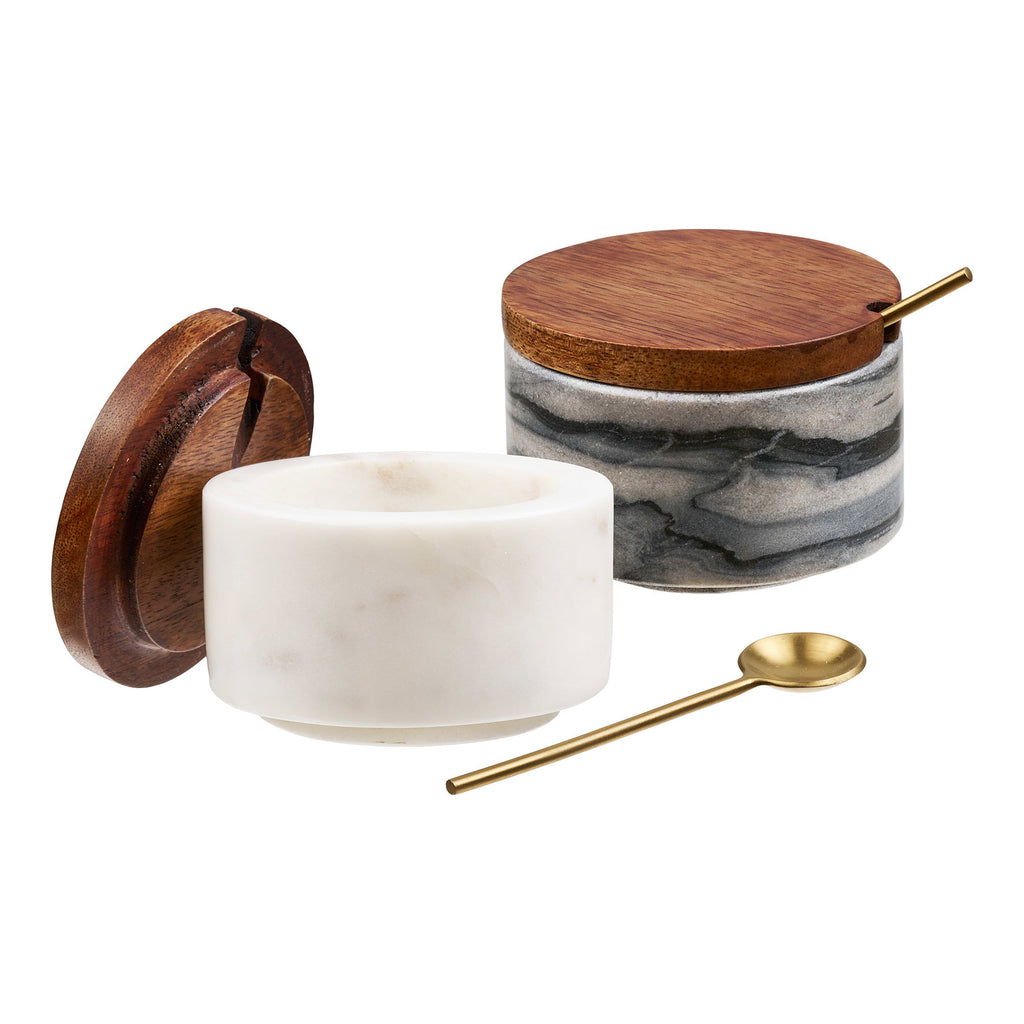 Pauri Voorraadpot met lepel - Voorraadpot met lepel, marmer, grijs/wit/messing, set van 2
