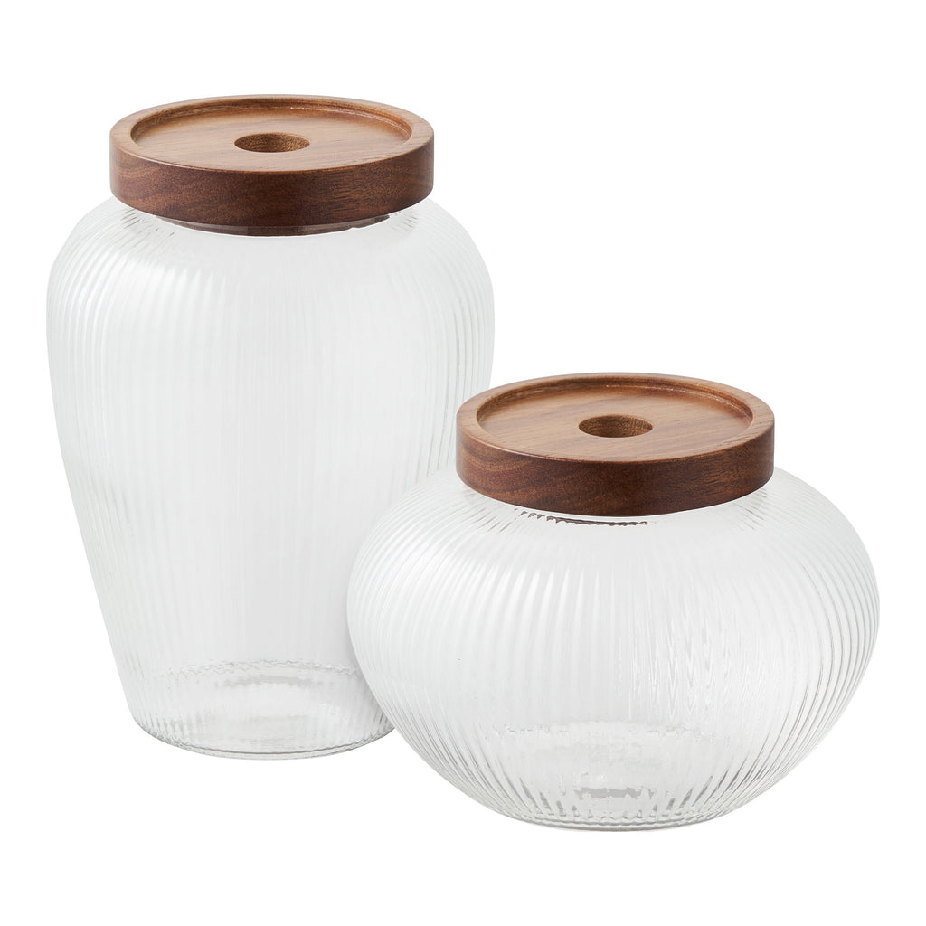 Maya Voorraadpotten - Glas/acaciahout (set van 2)