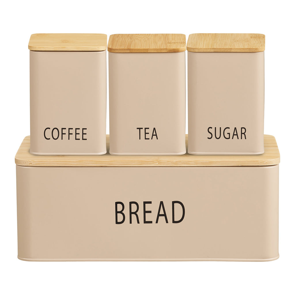 Tula Broodtrommelset - Broodtrommel met 3 voorraadbussen, metaal/bamboe, beige (set van 4)