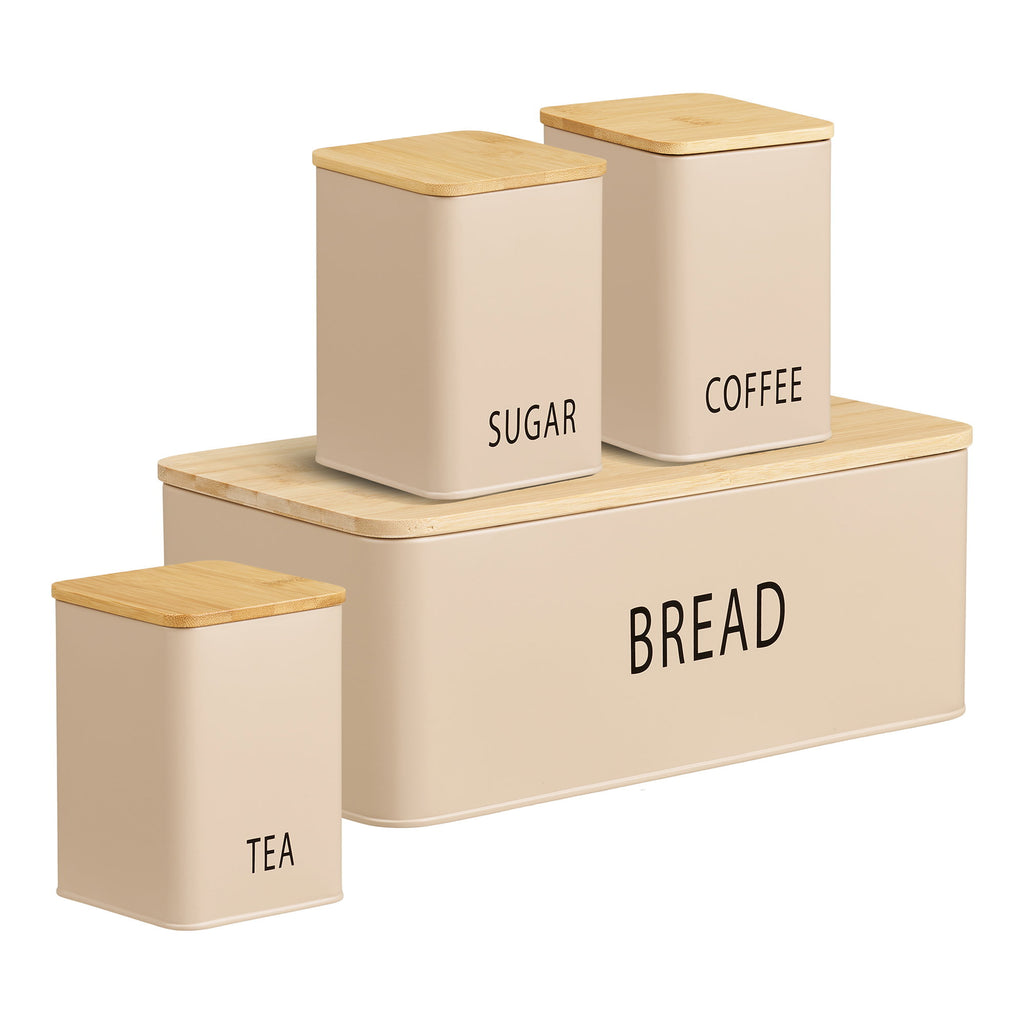 Tula Broodtrommelset - Broodtrommel met 3 voorraadbussen, metaal/bamboe, beige (set van 4)