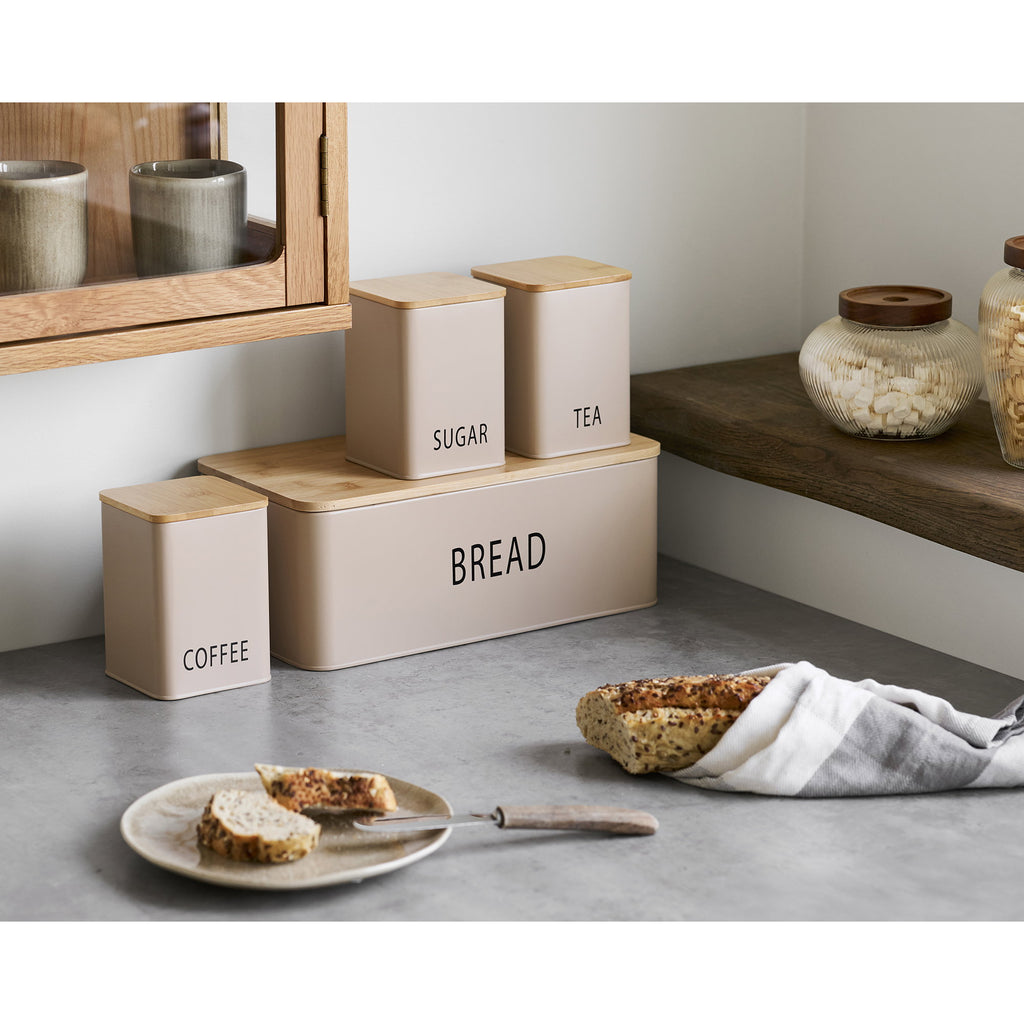 Tula Broodtrommelset - Broodtrommel met 3 voorraadbussen, metaal/bamboe, beige (set van 4)