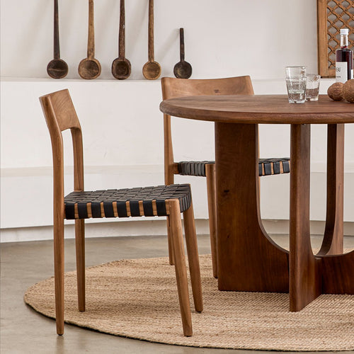 Freya teak eetkamerstoel met leer - Zwart (set van 2) - Noël Home
