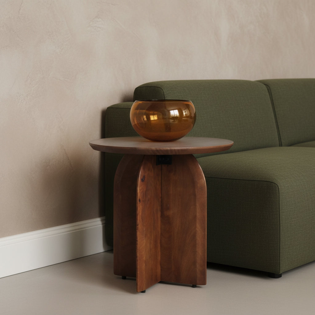 Bullnose mangohouten bijzettafel cross Ø 50 cm