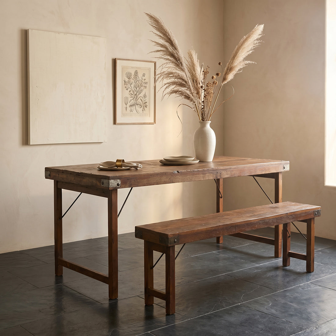 Inklapbare vintage eettafel - Gerecycled hout - 165x75x76 cm