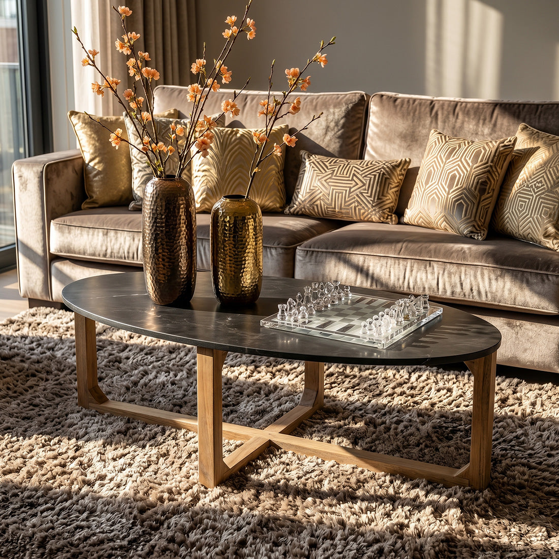 Ovale marmeren salontafel - Zwart - 120x60x38 cm