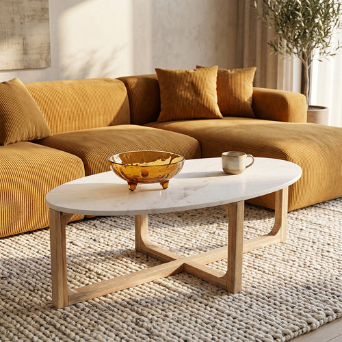 Oval Marble Coffee Table - White - 120x60x38 cm