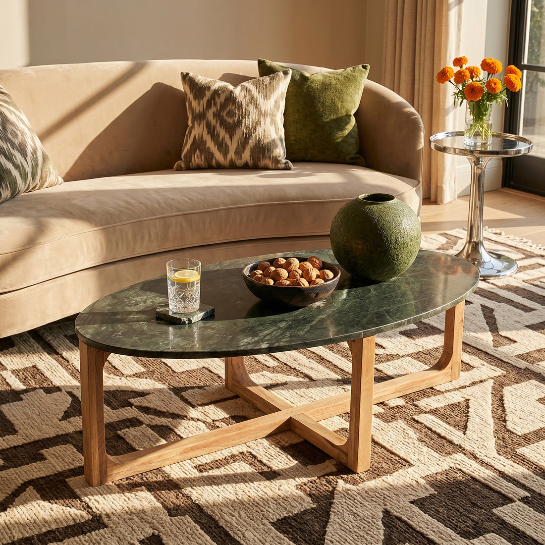 Ovale marmeren salontafel - Groen - 120x60x38 cm